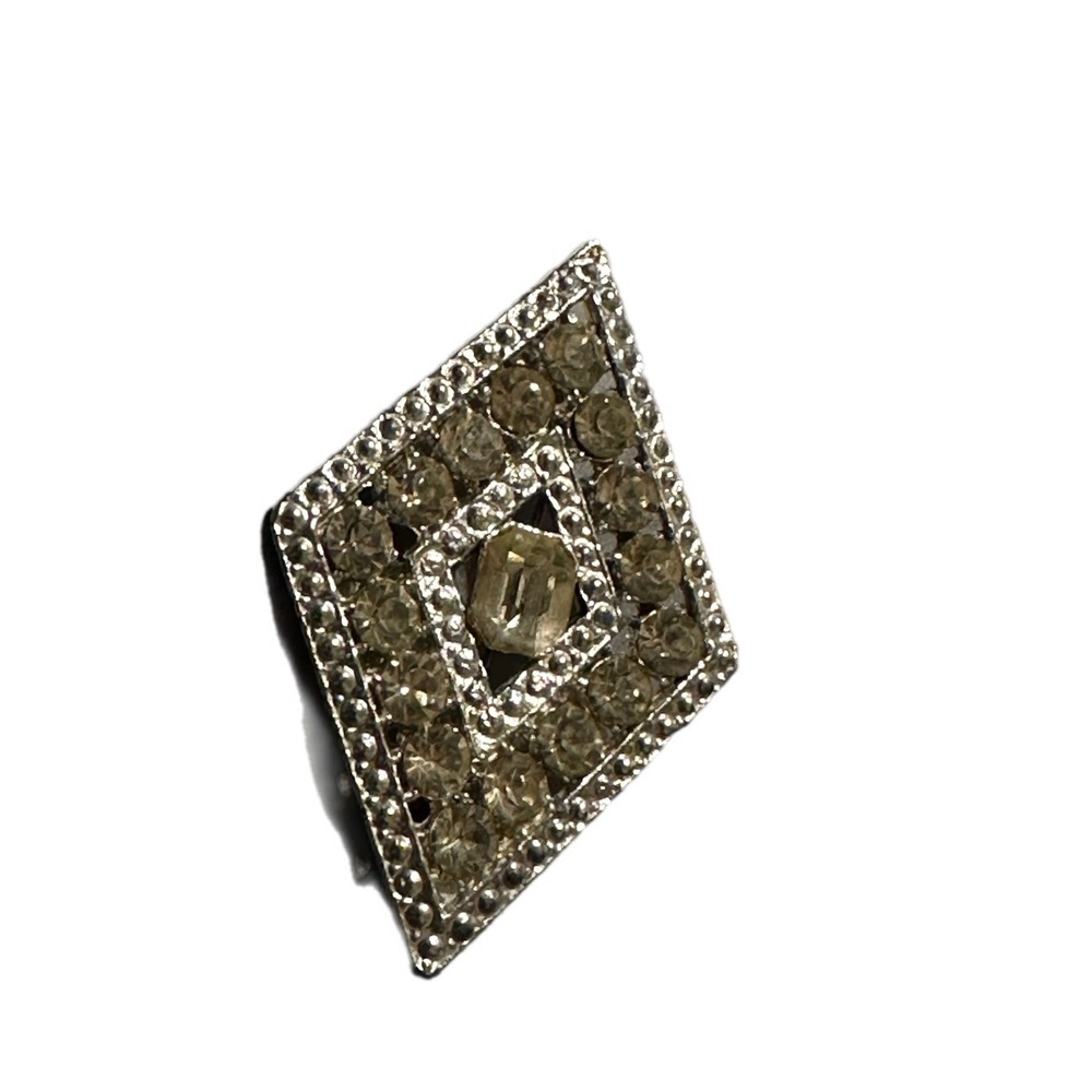 Sparkling Rhombus Shaped Pin with Clear Rhinestones Silver Tone Vintage Style